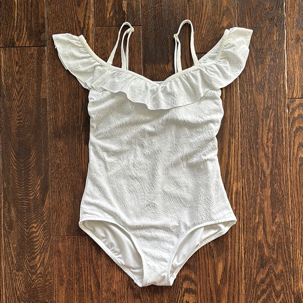 Lands' End White Paisley Ruffle One Piece Swimsuit